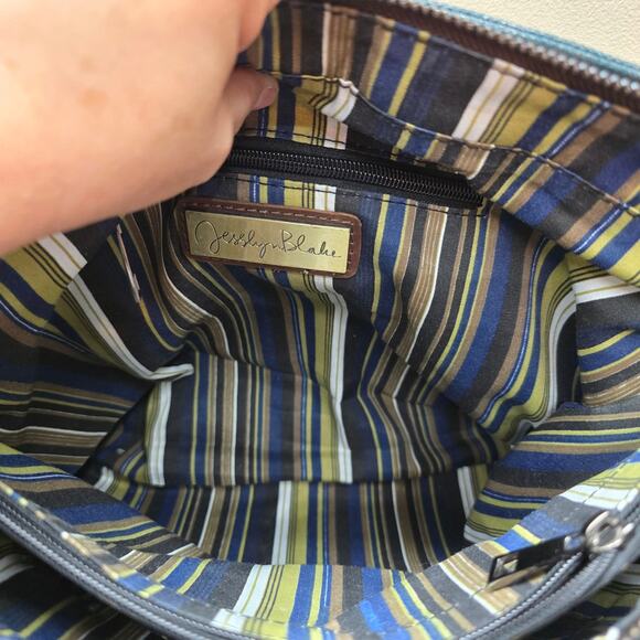 Jesslyn Blake Anthropologie Canvas & Leather Crossbody Messenger Bag Brown Blue - Picture 13 of 15